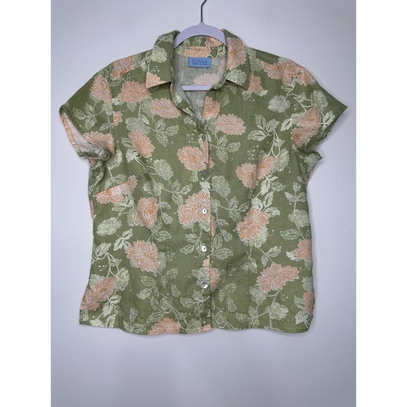 Sigrid Olsen Tops - Sigrid Olsen Blue Linen Shirt Size M Green Floral Short Sleeve Button up